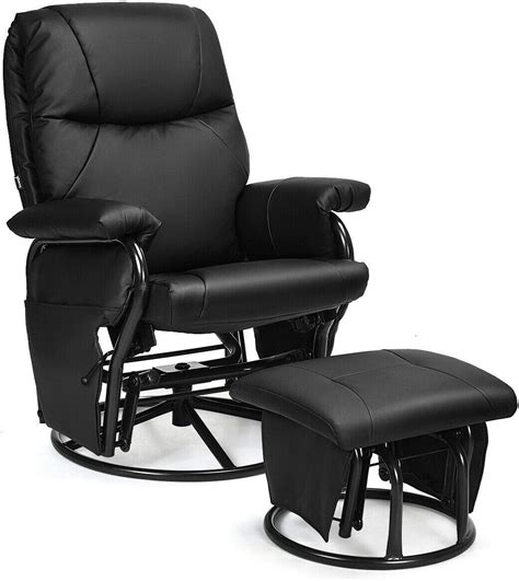 Amazon.com: Swivel Rocking Chair PU Leather Home Office w/Ottoman Black,Black Leather Chairs ...