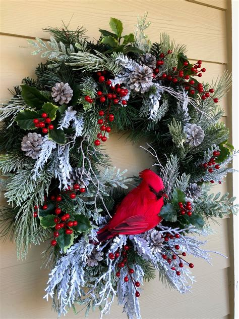 Christmas Wreath for Front Door Cardinal Wreath Frosty Red | Etsy