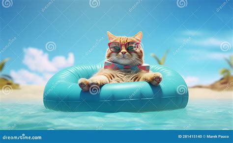 Mister Cat Chilling on a Pool Float on a Sandy Ocean Beach. Stock ...