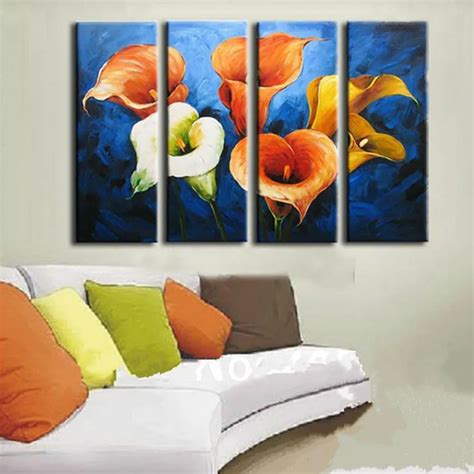 Modern Home Decor Wall Art Acrylic Floral Paintings 4 Panel Pictures Hand Painted Colorful Lily ...