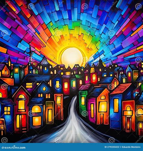 Night City with Colorful Houses, Road and Rainbow - Vector Illustration Stock Illustration ...