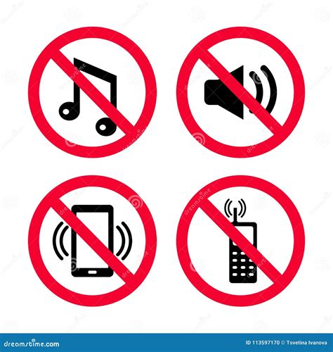 Don`t Make Noise, No Mobile Phones, No Music, No Loud Noises, Red Prohibition Signs. Stock ...