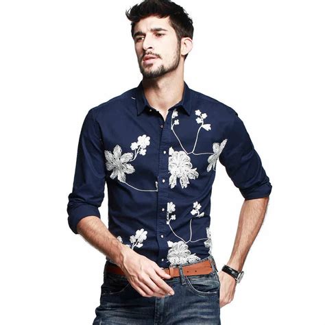 2014 New Mens Fashion Embroidered Shirts Men Personalized Floral Casual ...