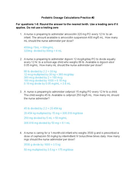 Pediatric Dosage Calculations Practice - 2 - Use a leading zero if it applies. Do not use a ...