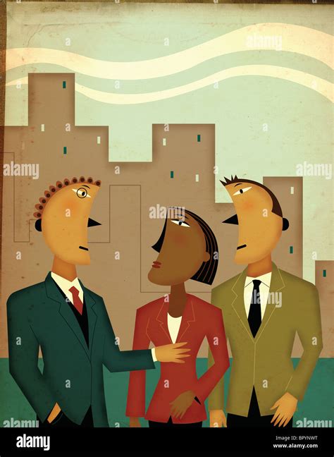 Three business people talking in front of office buildings Stock Photo ...