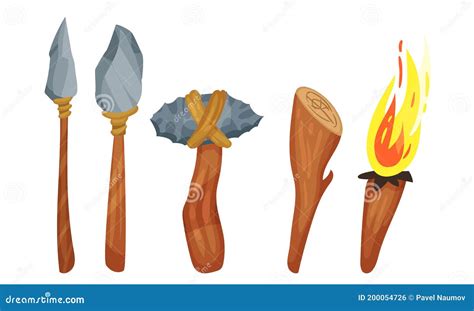 Stone Age Hunting Weapons with Stick and Spear Vector Set Stock Vector ...