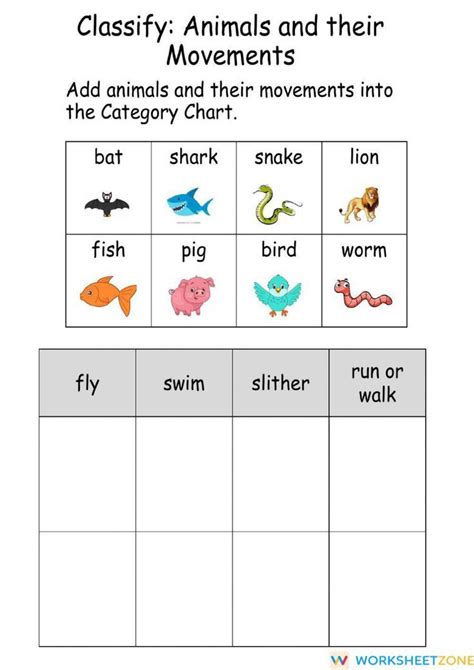 Vocabulary Worksheet "Animal Movements: Classify" | Animal movement ...