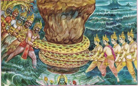 In this artist’s depiction, the gods and demons of the world worked together to churn the ocean ...