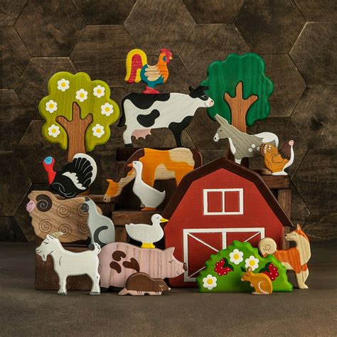 Wooden Farm Set 19 Pcs Pretend Play Small World Play Set Toy Farmyard Animals Farm Life Gift for ...