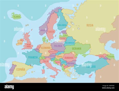 Political map of Europe with colors and borders for each country and names in Spanish. Vector ...