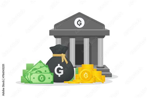 Bank building 3d icon. Gold coins, paper currency and bundles of money ...