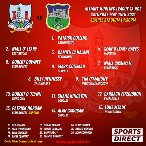 Cork hurling team to play Tipperary has been announced – Cork GAA