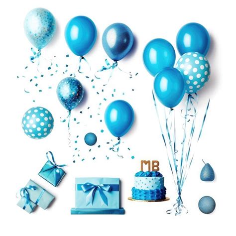 Premium Photo | A birthday cake with blue balloons and a box with a ...