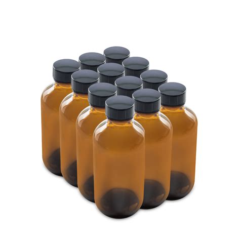 4 oz Amber Glass Boston Round Bottles With Black Lids (12 Pack)