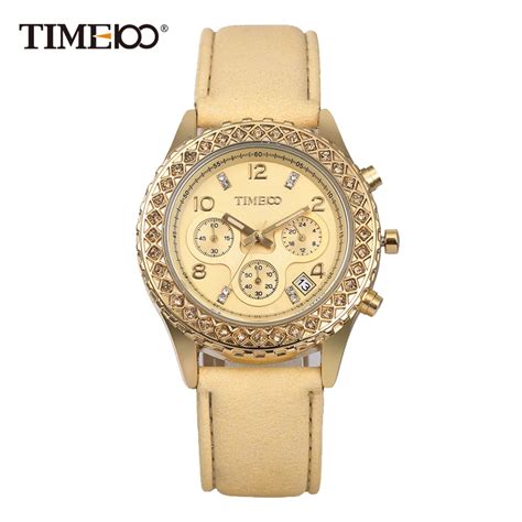 Time100 Fashion Casual Watches Women Quartz Watches Gold Leather Strap ...