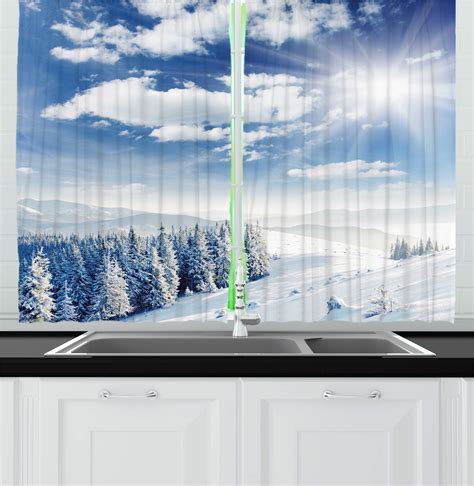 Winter Curtains 2 Panels Set, Idyllic Snow Covered Mountain Forest ...