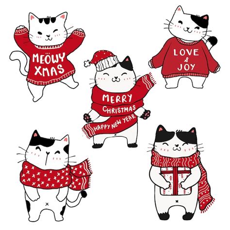 Conjunto de dibujo a mano lindo gato gatito de navidad | Vector Premium