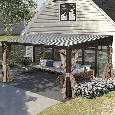 Domi 12x14FT Lean to Gazebo, Hardtop Wall Mounted Gazebo with Sloping Galvanized Steel Roof ...