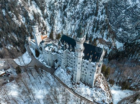 Aerial view of the Neuschwanstein Castle or Schloss Neuschwanstein on a ...