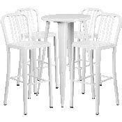 Commercial Grade 24" Round White Metal Indoor-Outdoor Bar Table Set with 4 Vertical Slat Back Stools