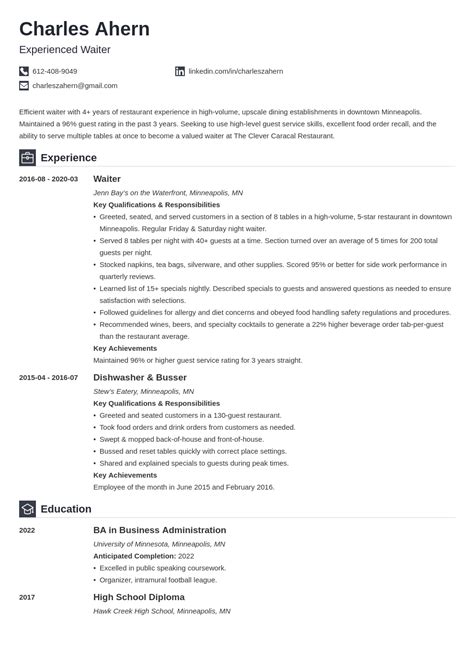 Waiter Cv Template 2022 Maxresumes - Riset