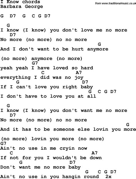 Song lyrics with guitar chords for I Know