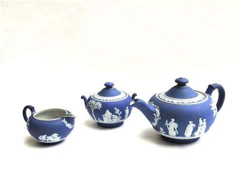 Wedgwood Blue Jasperware 3-Piece Tea Set. c. 1890.