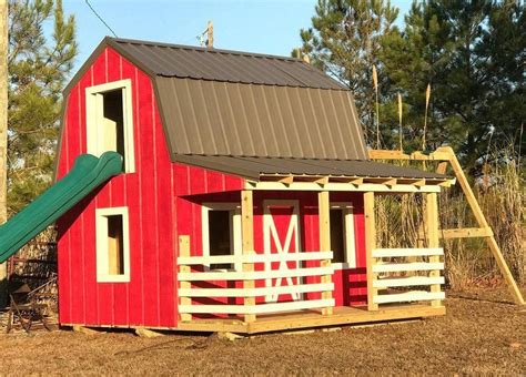 wooden barn playhouse plan with slide and swings #gardenplayhouse #outdoorplayhouseideas # ...