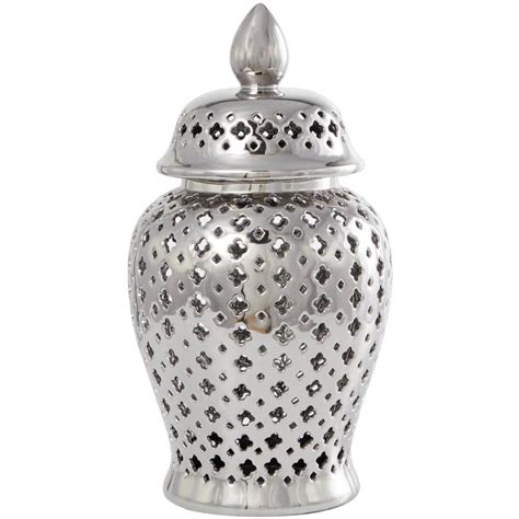 Litton Lane Silver Ceramic Decorative Jars with Geometric Cutout Design and Lid 043600 - The ...