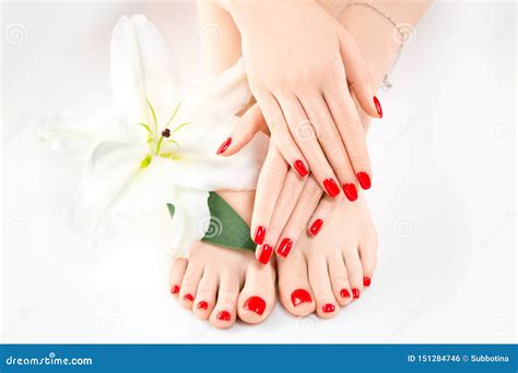 Manicure and Pedicure in Spa Salon. Skincare. Healthy Female Hands and Legs with Beautiful Nails ...