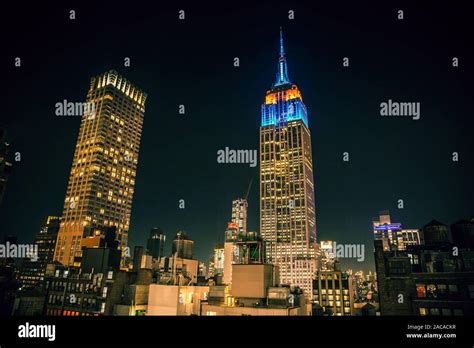 Empire State Building photographed from the Spyglass rooftop bar,Archer Hotel, New York City ...