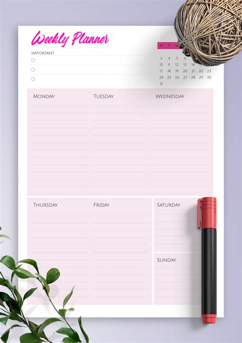 Download Printable Week Plan Template PDF