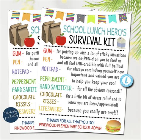 School Lunch Worker Survival Kit Gift Tags, National School Lunch Hero ...