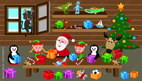 cartoon style vector illustration of santa's workshop Stock Vector ...