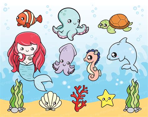 Cute Baby Sea Creatures Clipart Mermaid Octopus Dolphin | Etsy