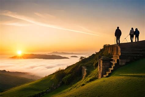 Premium Photo | A man stands on a cliff overlooking a sunset.