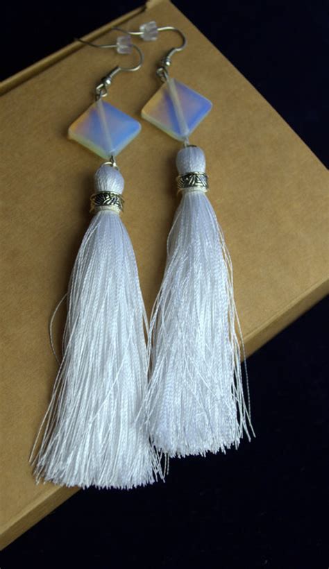 Wedding opal moonstone tassel earring Blue White silky | Etsy