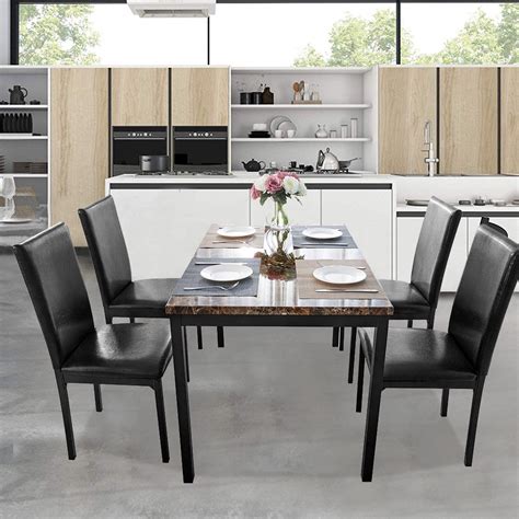 5 Piece Dining Table Set, Modern Faux Marble Table and 4 PU Leather ...