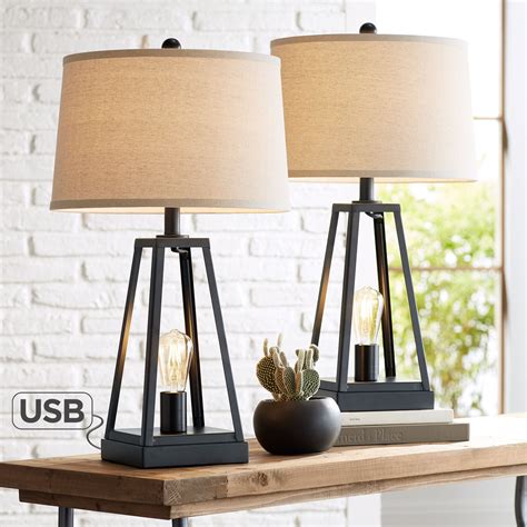 Franklin Iron Works Industrial Table Lamps Set of 2 with USB Port Nightlight LED Dark Metal ...