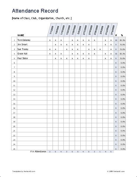 Attendance Record for Clubs, Church and Sunday School Attendance