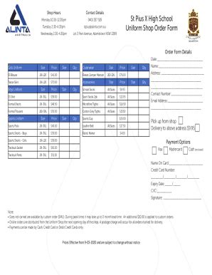 Fillable Online St Pius X High School Uniform Shop Order Form Fax Email Print - pdfFiller