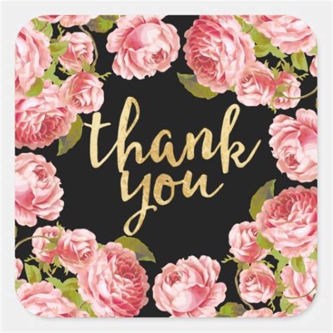 Floral Vintage Pink Roses Custom Thank You Square Sticker | Zazzle