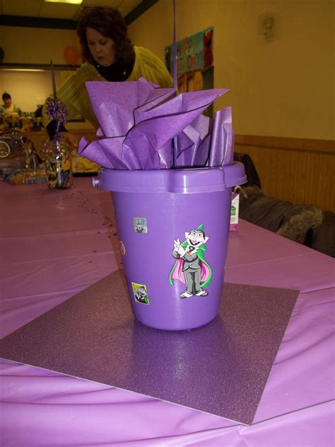 Count von Count Centerpiece #2 purple bucket with Count stickers and cardboard scrapbooking ...