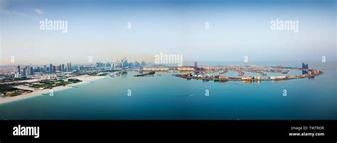 Aerial panoramic view of Dubai marina area and the Palm island at sunrise Stock Photo - Alamy