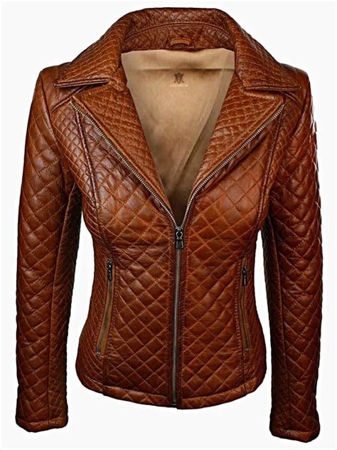 Women Quilted Sheepskin Fashion Leather Jacket Tan Brown - Rays Creations