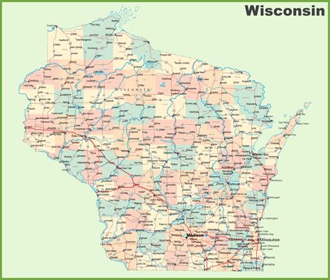 Road map of Wisconsin with cities