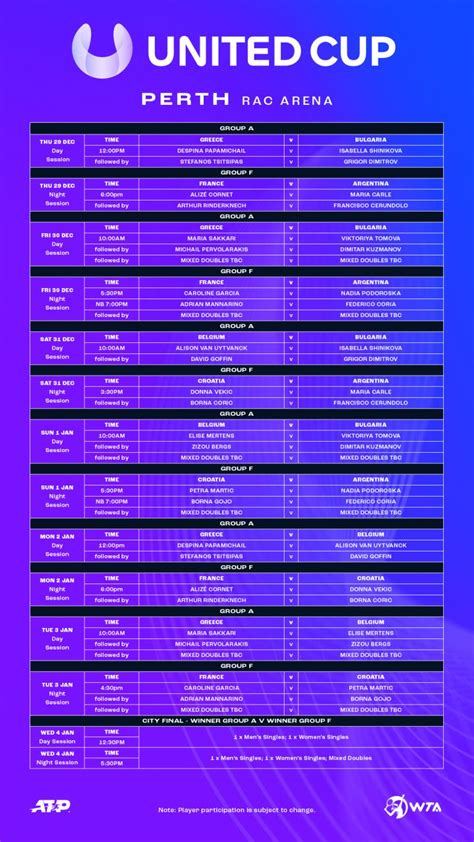 United Cup – Perth Schedule is Out | 13 December, 2022 | Tennis West