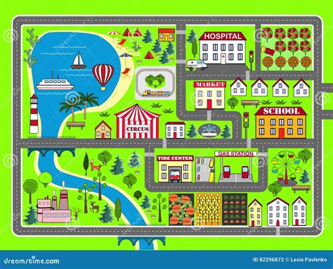 City Landscape Car Track. Kids Play Mat Stock Illustration - Illustration of house, cityscape ...