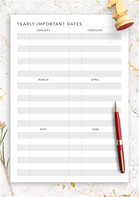 Download Printable Yearly Important Dates Template PDF