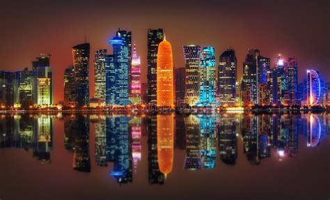 Doha Skyline at Night, Qatar Editorial Image - Image of business ...